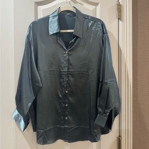 Sleek Blue Satin Button-Up Shirt